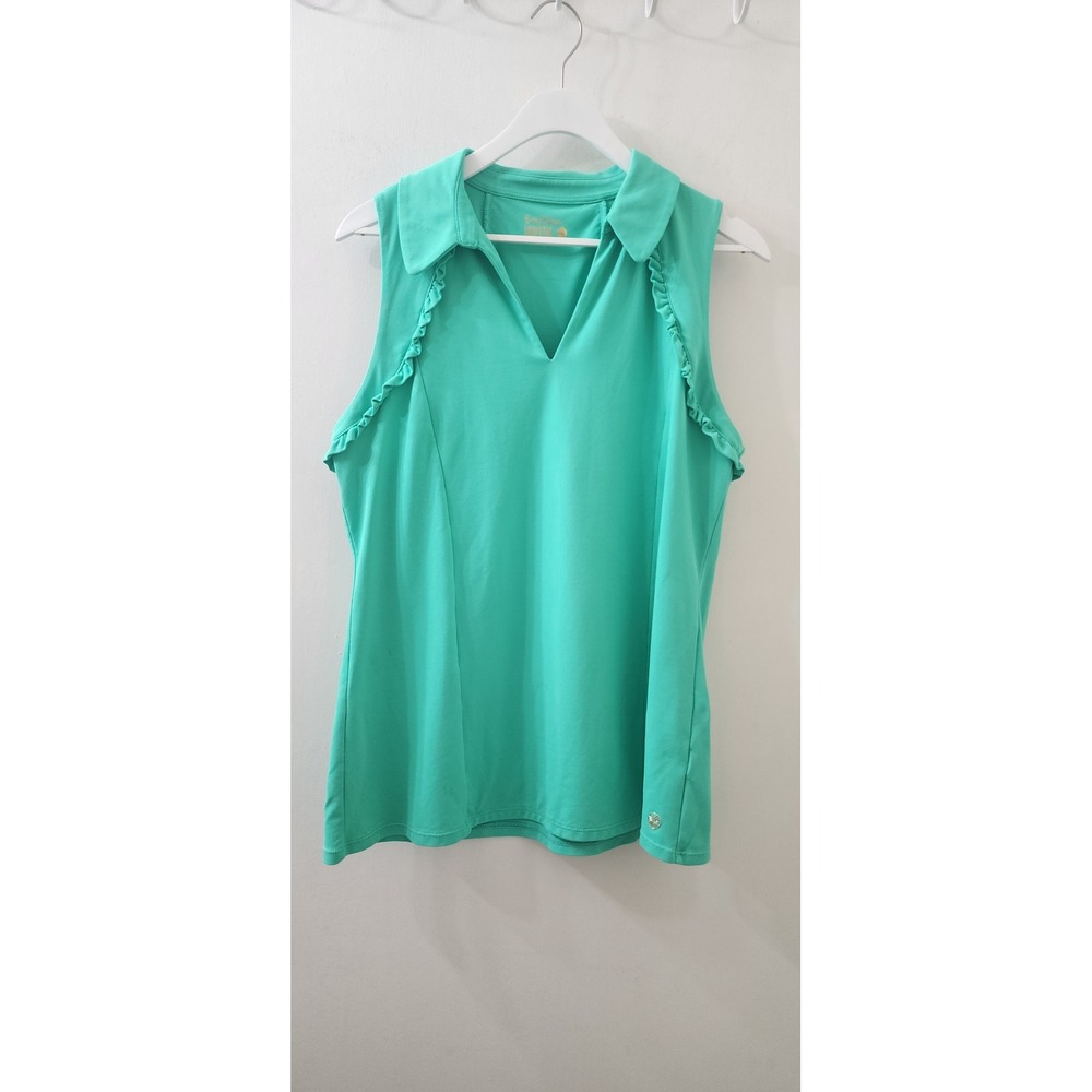 Lilly Pulitzer Luxletic Sleeveless Polo Top Turquoise Green Ruffle V-Neck Large
